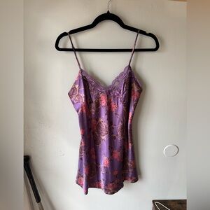 Vintage Victoria’s Secret Purple Floral Silk-Feel Slip Dress Y2K Lace Trim